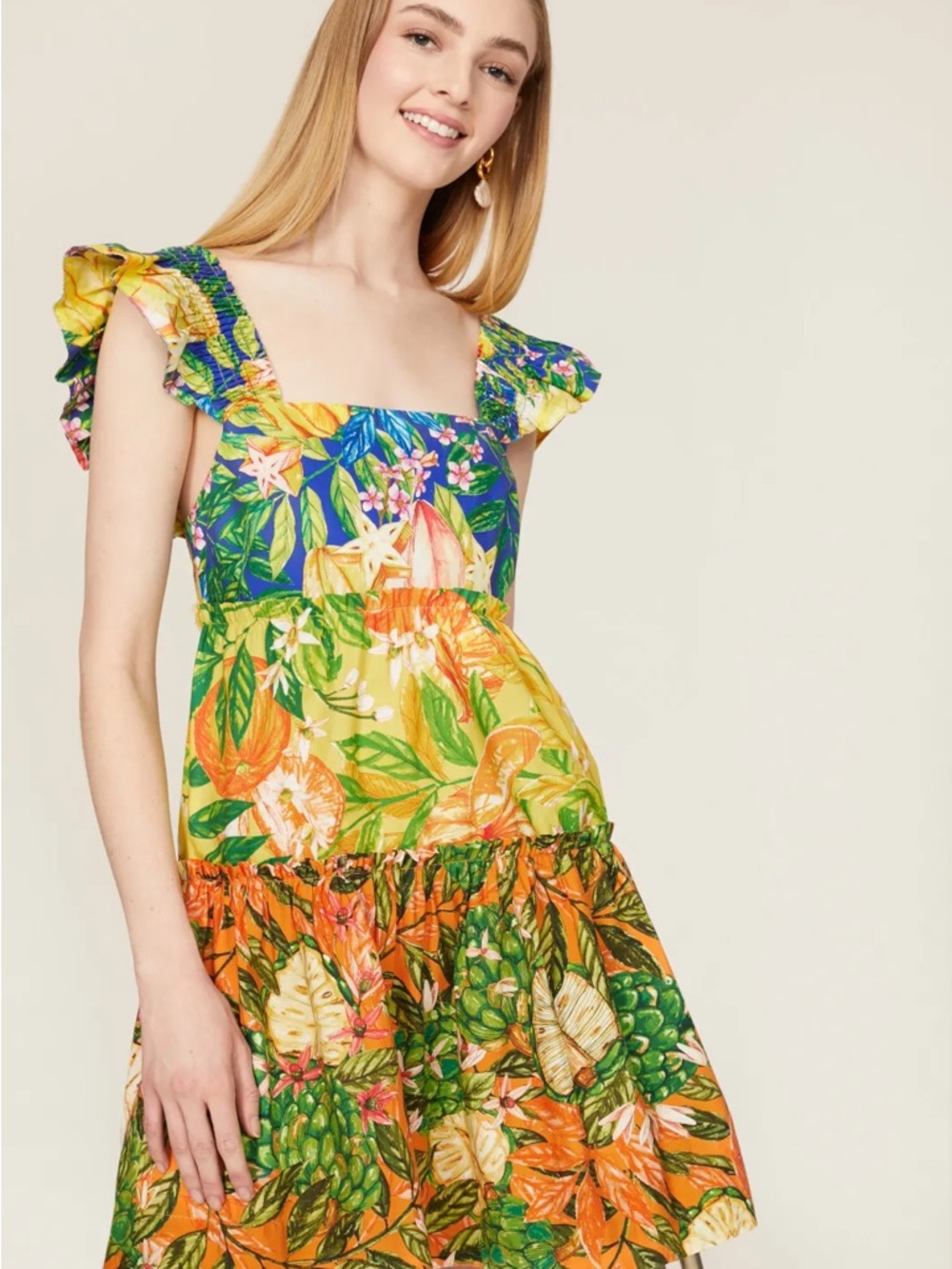 FARM Rio Multicolor Floral Tiered Mini Dress in Yellow, Orange, Green, Blue